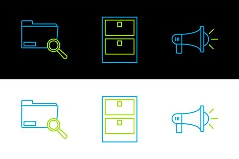 Set line Megaphone, Search concept with folder and Archive papers drawer ic.. Stock Illustration