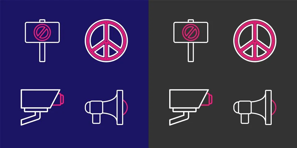 Set line Megaphone, Security camera, Peace and Protest icon. Vector Stock Illustration