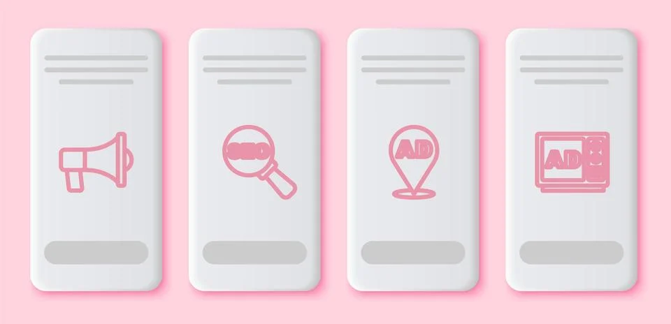 Set line Megaphone, SEO optimization, Advertising and . White rectangle button Stock Illustration
