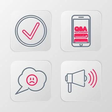 Set line Megaphone, Speech bubble with sad smile, Mobile Question and Excla.. Stock Illustration