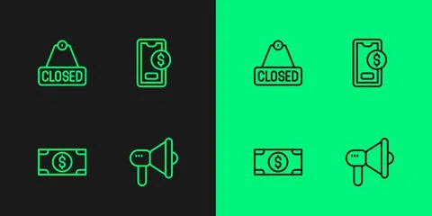 Set line Megaphone, Stacks paper money cash, Hanging sign with text Closed and Illustrazione stock