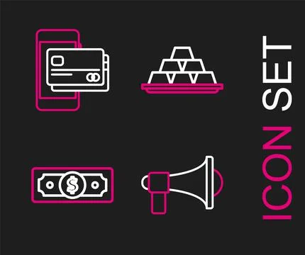 Set line Megaphone, Stacks paper money cash, Gold bars and Mobile and credit  Illustrazione stock