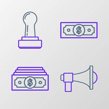 Set line Megaphone, Stacks paper money cash,  and Stamp icon. Vector Illustrazione stock
