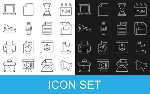 Set line Megaphone, Table lamp, Floppy disk, Old hourglass, Wrist watch, Stapler Stock Illustration