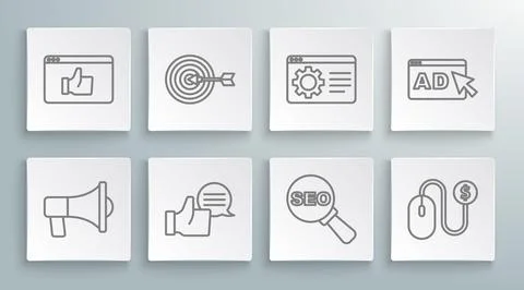 Set line Megaphone, Target, Customer product rating, SEO optimization, Adve.. Stock Illustration