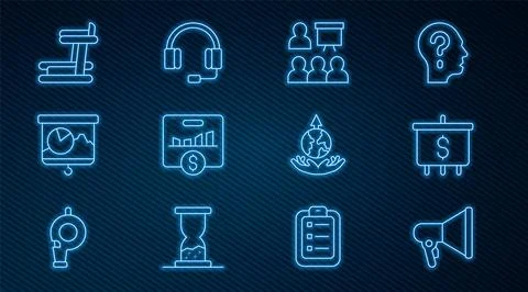 Set line Megaphone, Target with dollar, Training, presentation, Key performance Stock Illustration