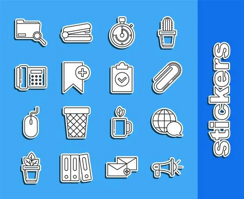 Set line Megaphone, World map made from speech bubble, Paper clip, Briefcase Stock Illustration