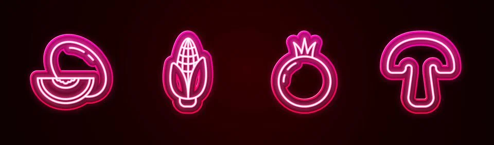 Set line Melon fruit, Corn, Tomato and Mushroom. Glowing neon icon. Vector Stock Illustration