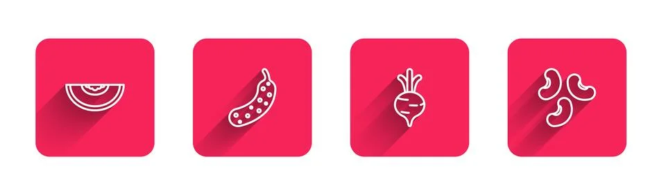Set line Melon fruit, Fresh cucumber, Beet and Beans with long shadow. Red .. Stock Illustration