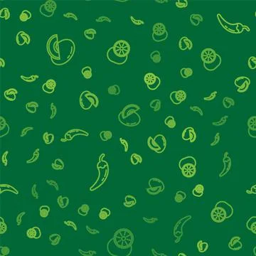 Set line Melon fruit, Hot chili pepper pod and Kiwi on seamless pattern. Vector Illustrazione stock
