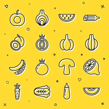 Set line Melon fruit, Lemon, Onion, Watermelon, Tomato, Plum, Peach and Gar.. Stock Illustration
