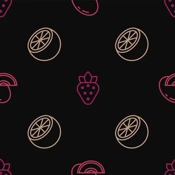 Set line Melon fruit, Orange and Strawberry on seamless pattern. Vector Stock Illustration