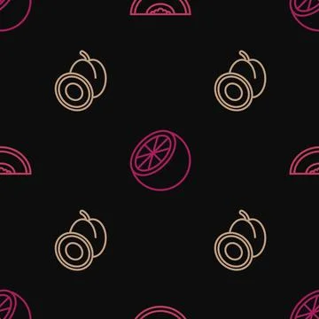 Set line Melon fruit, Plum and Orange on seamless pattern. Vector Stock Illustration