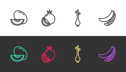 Set line Melon fruit, Tomato, Fresh green onions and Green peas on black and  Stock Illustration