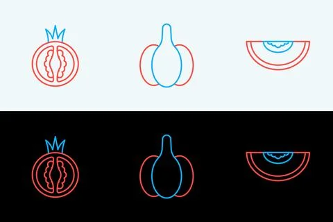 Set line Melon fruit, Tomato and Garlic icon. Vector Stock Illustration