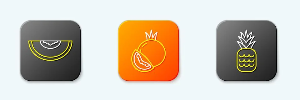 Set line Melon fruit, Tomato and Pineapple icon. Vector Stock-Illustration