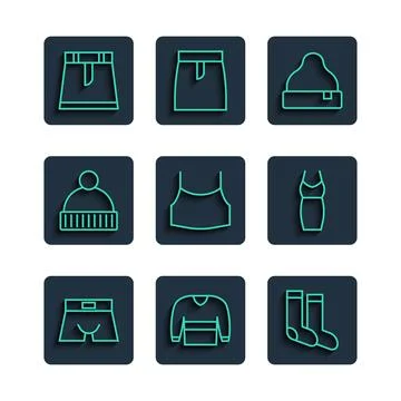 Set line Men underpants, Sweater, Socks, Beanie hat, Female crop top, Skirt and Stock Illustration