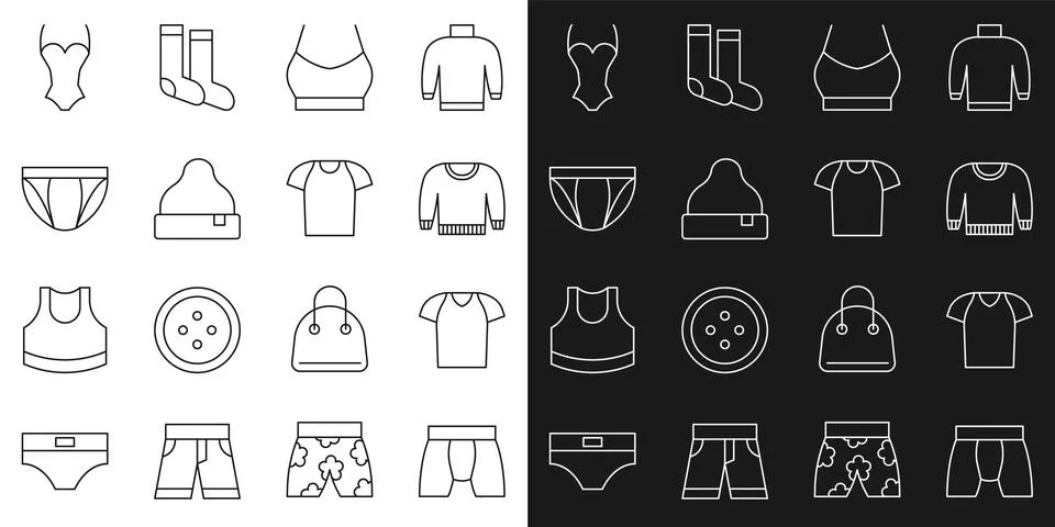 Set line Men underpants, T-shirt, Sweater, Female crop top, Beanie hat, Swimsuit Stock Illustration