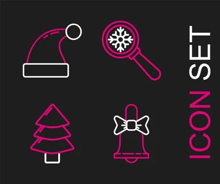 Set line Merry Christmas ringing bell tree Magnifying glass with snowflake an Stock Illustration