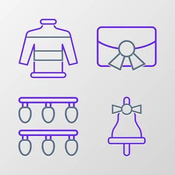 Set line Merry Christmas ringing bell, lights, postcard and sweater icon. V.. Stock Illustration
