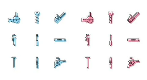 Set line Metallic nail, Chisel tool for wood, Angle grinder, Leaf garden blower Stock Illustration