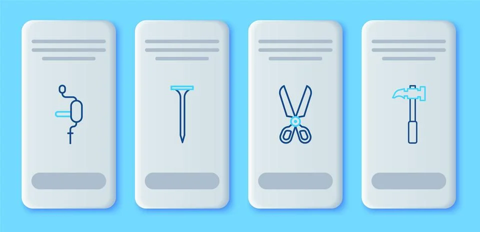 Set line Metallic nail, Scissors, Hand drill and Claw hammer icon. Vector Stock Illustration