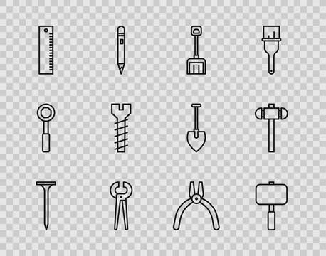 Set line Metallic nail, Sledgehammer, Snow shovel, Pincers and pliers, Ruler Stock Illustration