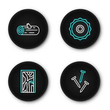 Set line Metallic nails, Closed door, ircular saw blade and Wooden logs ico.. Stock Illustration
