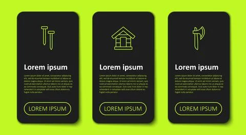 Set line Metallic nails, Dog house and Wooden axe. Business infographic template Illustration