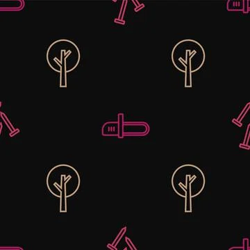 Set line Metallic nails, Tree and Chainsaw on seamless pattern. Vector Stock Illustration