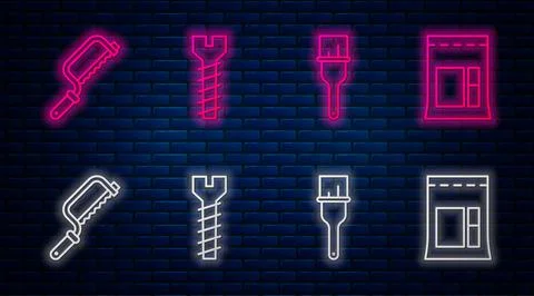 Set line Metallic screw, Paint brush, Hacksaw and Cement bag. Glowing neon icon Stock Illustration