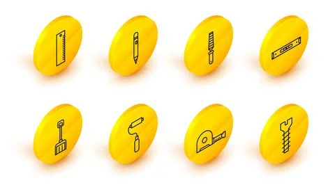Set line Metallic screw, Roulette construction, Paint roller brush, Snow shovel Stock Illustration