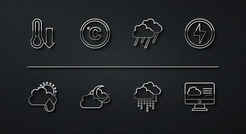 Set line Meteorology thermometer, Cloud with rain and sun, Lightning bolt, moon Ilustração Stock