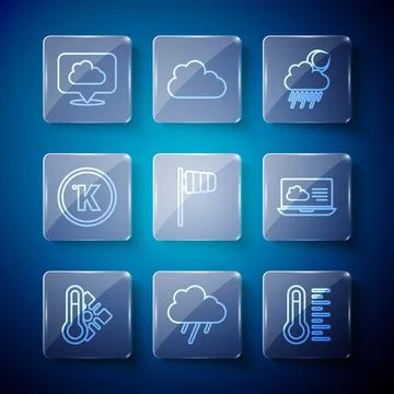 Set line Meteorology thermometer, Cloud with rain, and moon, Cone windsock wind Stock Illustration