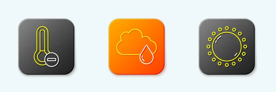Set line Meteorology thermometer, Cloud with rain and Sun icon. Vector Illustrazione stock