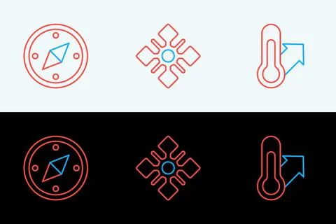 Set line Meteorology thermometer, Compass and Snowflake icon. Vector Stock Illustration