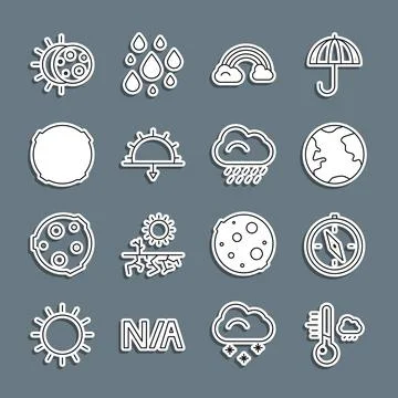 Set line Meteorology thermometer, Compass, Earth globe, Rainbow with clouds.. Ilustração Stock