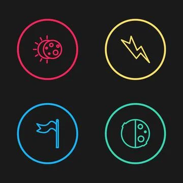 Set line Meteorology windsock wind vane, Eclipse of the sun, Lightning bolt and Stock Illustration