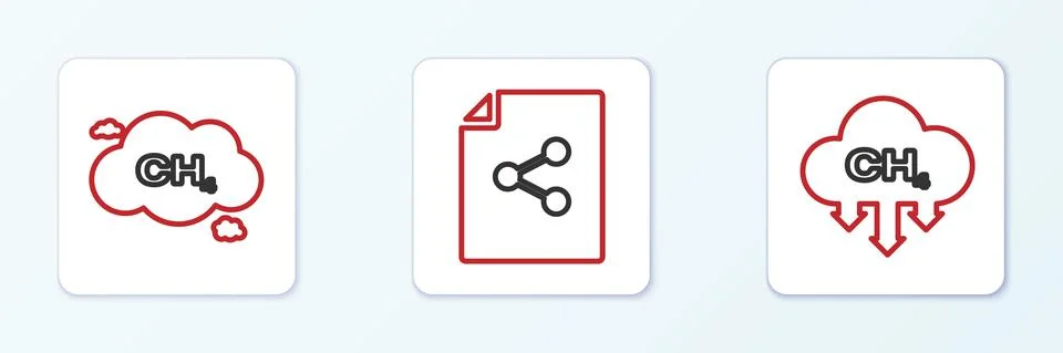 Set line Methane emissions reduction, and Share file icon. Vector イラスト素材