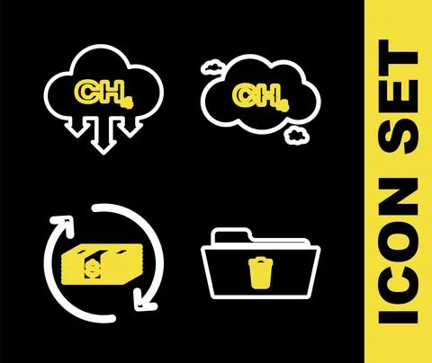 Set line Methane emissions reduction, Delete folder, Refund money and icon Stock Illustration