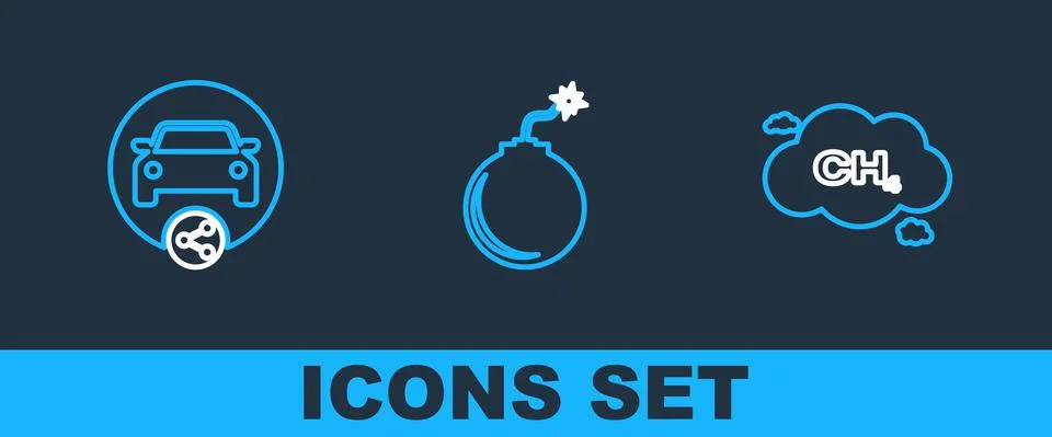 Set line Methane emissions reduction, Car sharing and Bomb ready to explode icon Stock Illustration