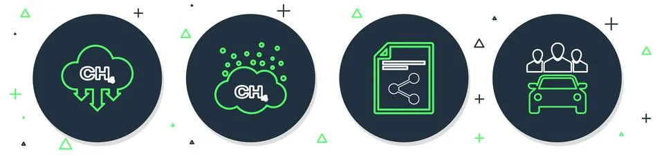 Set line Methane emissions reduction, Share file, and Car sharing icon. Vector イラスト素材