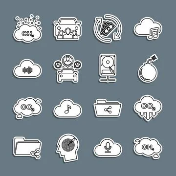 Set line Methane emissions reduction, CO2 in cloud, Bomb ready to explode, .. 스톡 일러스트