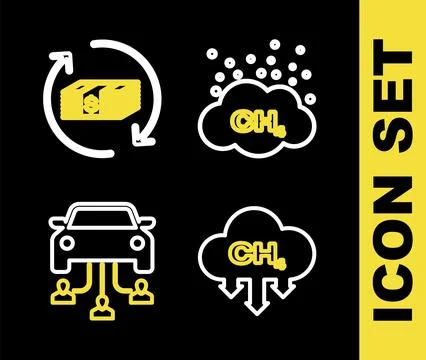 Set line Methane emissions reduction, Car sharing and Refund money icon. Vect イラスト素材