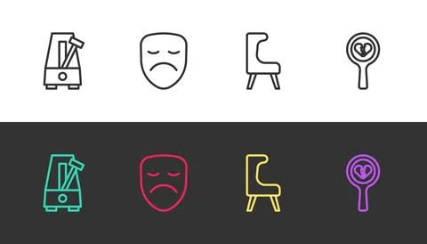 Set line Metronome with pendulum, Drama theatrical mask, Armchair and Broke.. Stock Illustration