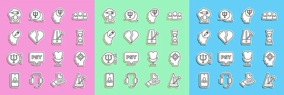 Set line Metronome with pendulum, Finding a problem, Old hourglass, Psychology Illustrazione stock