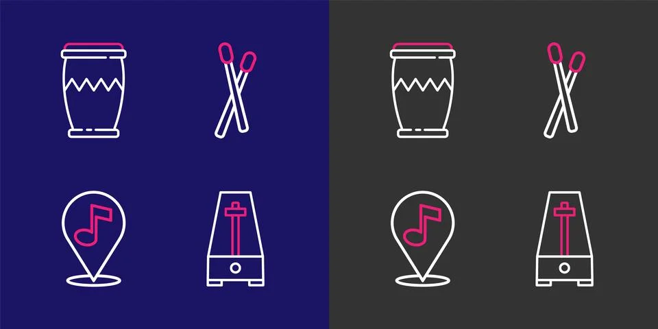 Set line Metronome with pendulum, Location musical note, Drum sticks and  i.. Stock Illustration