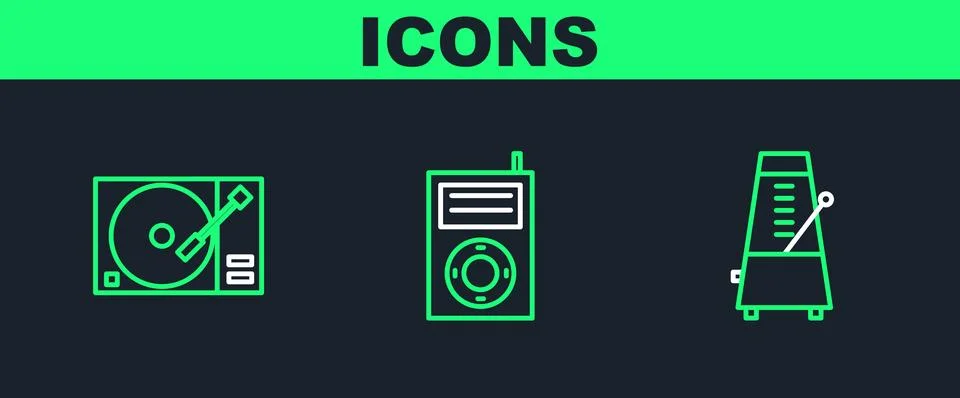 Set line Metronome with pendulum in motion, Vinyl player a vinyl disk and Music Stock Illustration