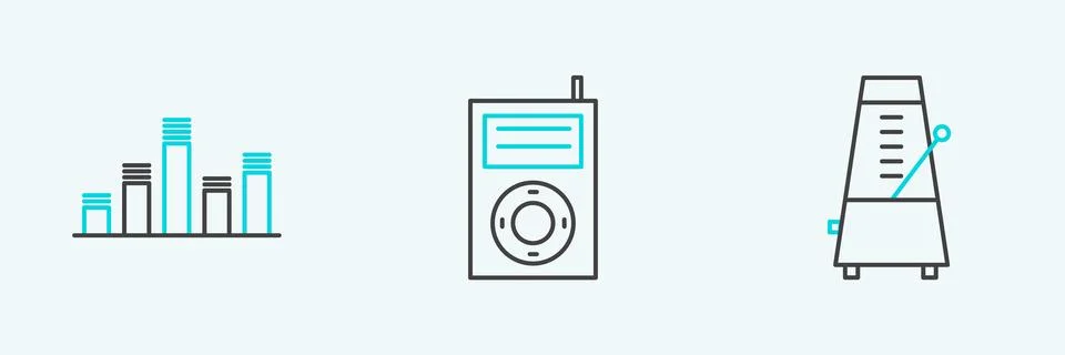 Set line Metronome with pendulum in motion, Music equalizer and MP3 player .. Stock Illustration