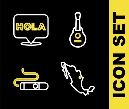 Set line Mexican guitar, Map of mexican, Cigar and Hola icon. Vector Stock Illustration